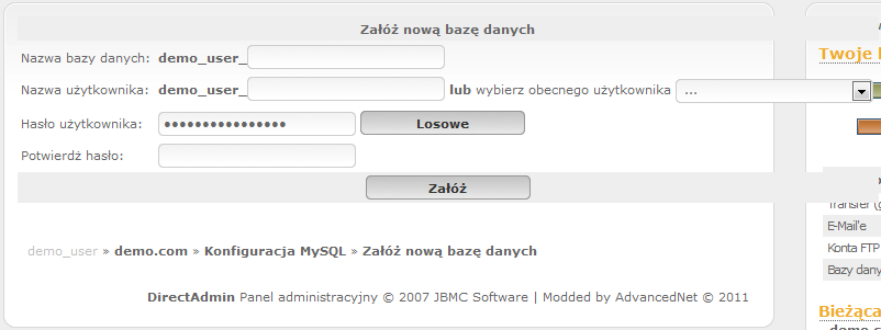 Formularz tworzenia nowej bazy danych